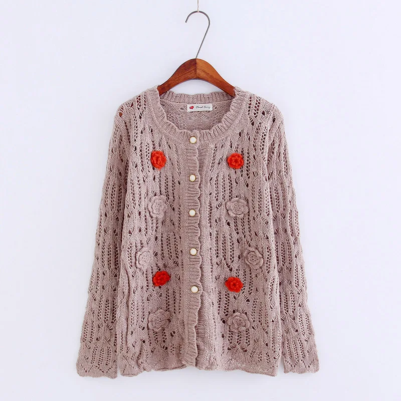 

2018 autumn winter Knitted Hand-made hook flowers hollowed out Sweaters Cardigan sweater mori girl