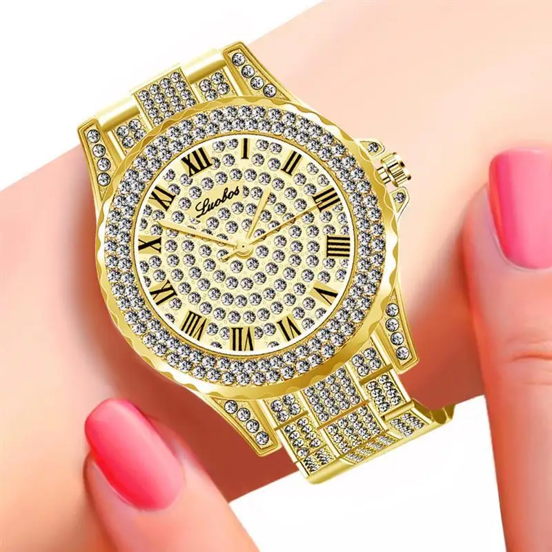 Новое поступление диаманта Bling часы для женщин Роскошные Нержавеющая сталь аналоговые женские кварцевые часы на запястье римскими цифрами элегантные часы