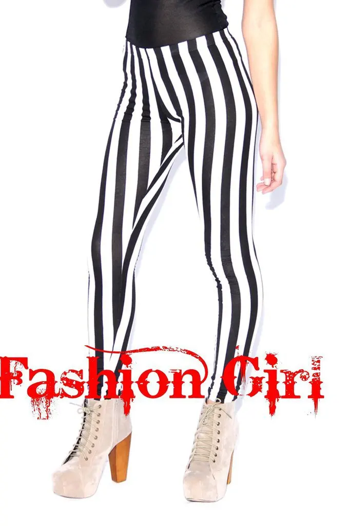 Punk style black and white vertical striped capris alice hip slim sexy women pants feminina nightclubs stretch pants