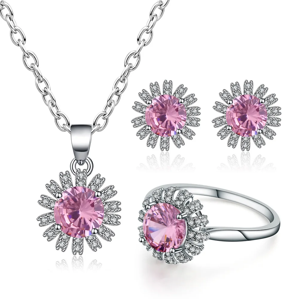 

LBO01 Pink Zircon Necklace Earrings Ring Three-Piece Set Earrings Clavicle Chain