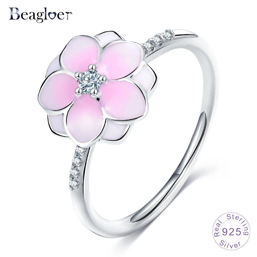 Beagloer мода розовой эмалью цветочные кольца 925 пробы серебро Магнолия Bloom цветок