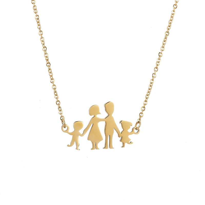 Семья из четырех фигурок кулон ожерелье для женщин мужчин из нержавеющей стали золото серебро розовая цепочка мама папа сын дочь украшение для чокера - Окраска металла: Gold