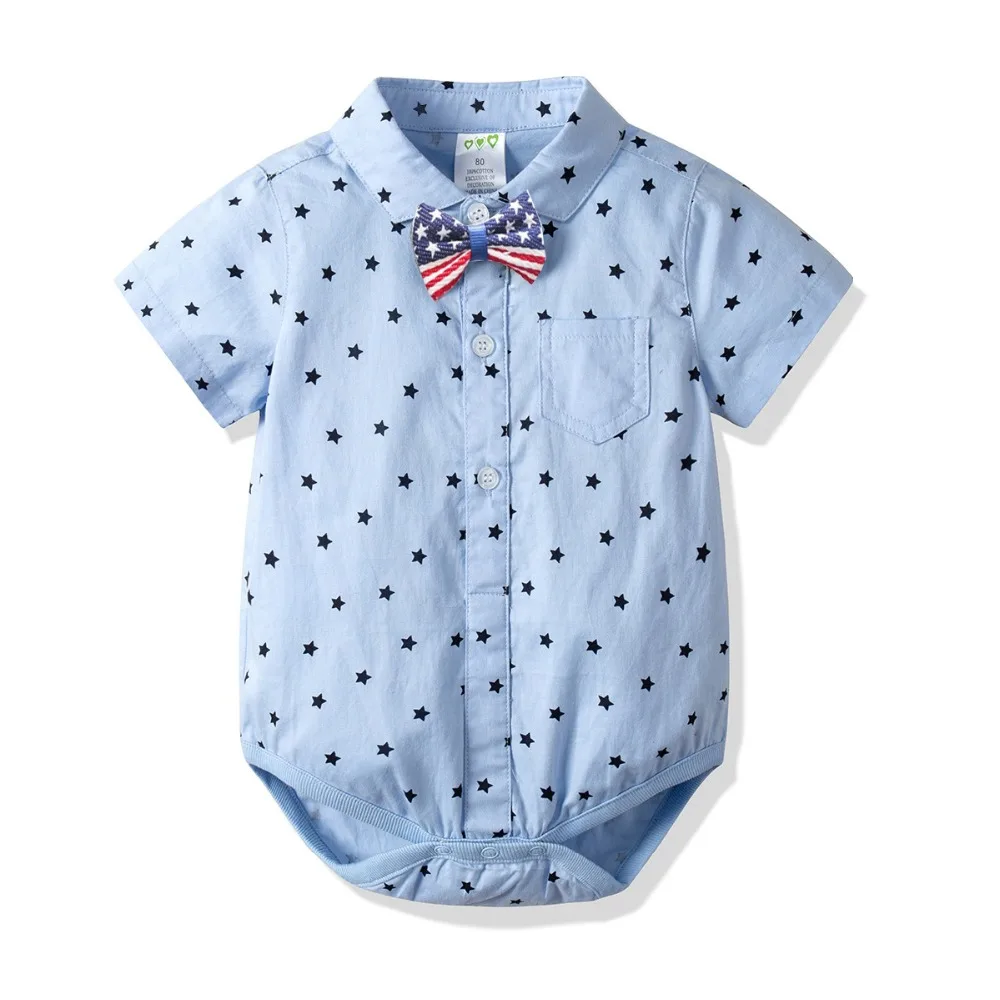 

Baby Boys Short Bodysuits Summer Children Cotton Clothes Boys Gentleman Bowtie Shirt Collar Stars Short Sleeve One-pieces New