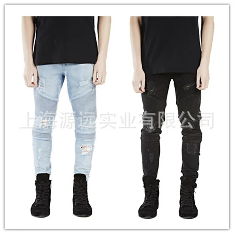 

2016 elastic Mens Ripped Rider Biker Jeans Motorcycle Slim Fit Washed Black Blue Moto Denim Pants Joggers For Skinny Men