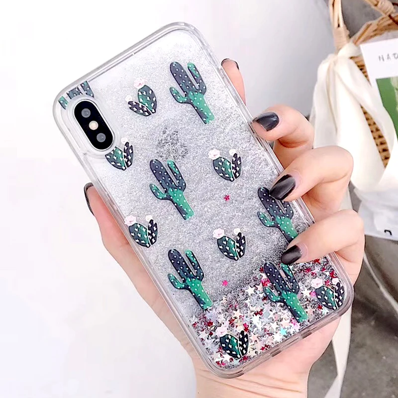 Блестящий чехол с динамическим КАКТУСОМ и ананасом для iPhone 6 S 7 жидким зыбучим