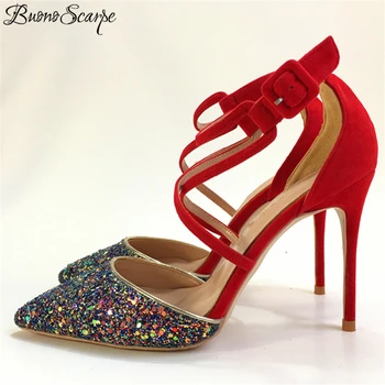 

BuonoScarpe Sexy Red Big Buckle High Heel Sandals Pointed Toe Bling High Heels Cross Strap Brand Sequined Thin Heel Summer Shoes