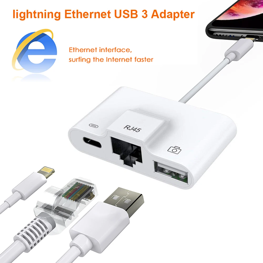 

for iphone/iPad Adapter from apple interface to RJ45 Ethernet 10/100Mbps Convertor Charging /USB 3.0 Camera Reader Port 3