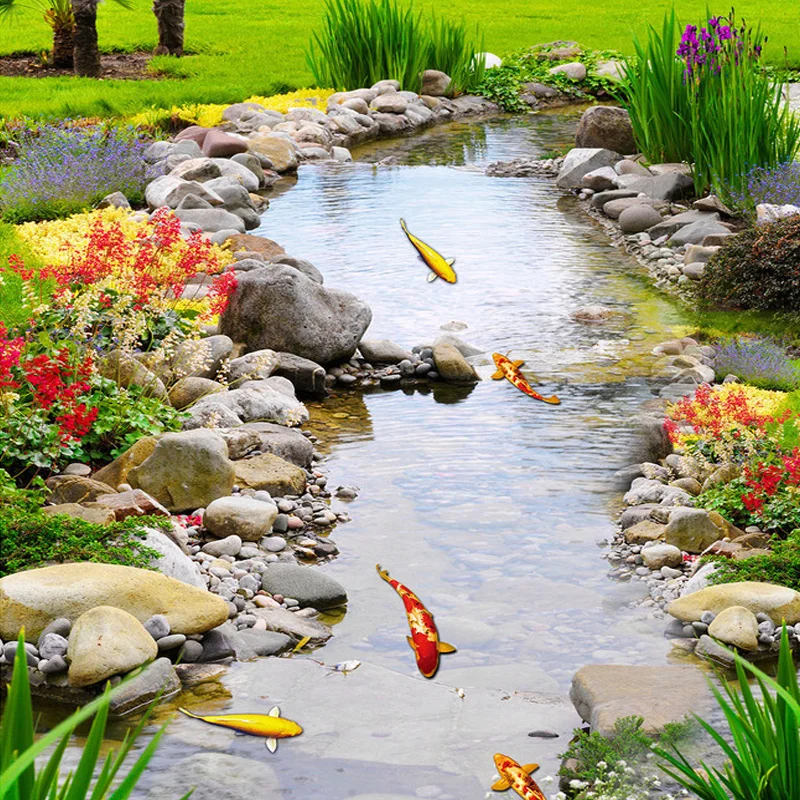 

Custom 3D Floor Mural Wallpaper Park Scenery River Carp Bathroom Floor Sticker PVC Self-adhesive Waterproof Photo Wallpaper 3D