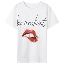 Летняя женская футболка с надписью и принтом красных губ, повседневная хлопковая белая футболка с коротким рукавом для девочек, Простой Топ harajuku