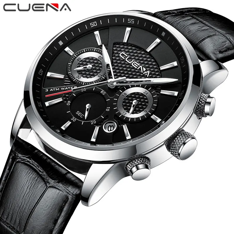 Meilleur CUENA Hommes Montres Top Marque De Luxe Bracelet En Cuir Noir Chronomètre Lumineux Mains Étanche Quartz Homme Horloge Relogio Masculino