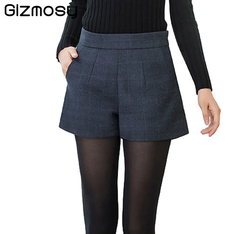 2017 Plaid Shorts Women Elastic High waisted Cotton Wool Slim Short