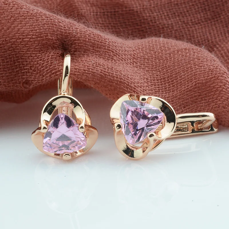 

Fashion Jewelry Womens Ladies 585 Gold Color Pink Stone Earrings Cubic Zircon Flowers Shaped Dangle Rose Earrings