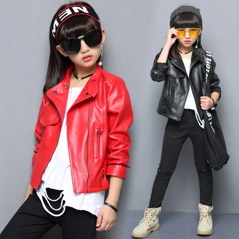 Teenagers Girls Coats Faux Leather Jacket PU Outerwear Coats Kids Jacket for girls outerwear Zipper Girls Clothing Spring Autumn