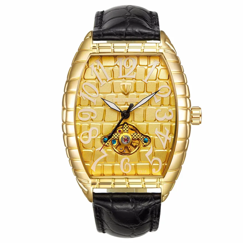 Для мужчин автоматические бизнес квадратный циферблат дизайн кожа механические часы с ремешком TEVISE Tourbillon Спорт Военная Униформа Relogio Masculino T812 - Цвет: Gold