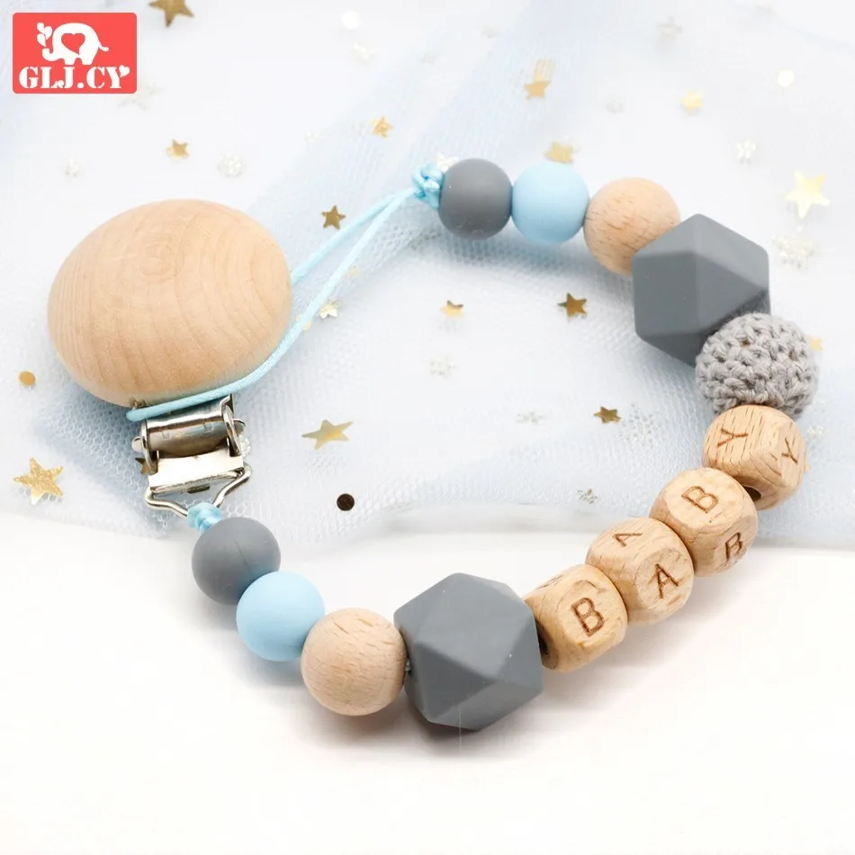 Dummy clip pacifier chain holder wood silicone bpa free baby newborn gift custom personalized name personalised beads beech