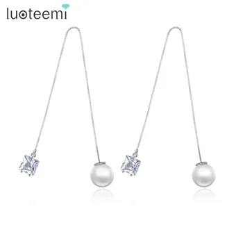 LUOTEEMI Brand Trendy Drop Earrings Double Side Shining CZ with Simulated Pearl Jewelry Ear Wire Long Chain Brincos for Girls