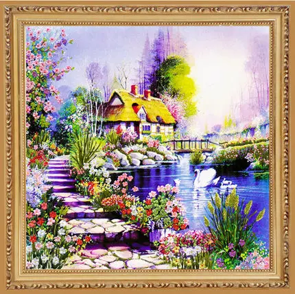 

Needlework,DIY Ribbon Cross stitch Sets for Embroidery kit,Garden Lake Flowers landscape bands embroidery wedding gift handwork