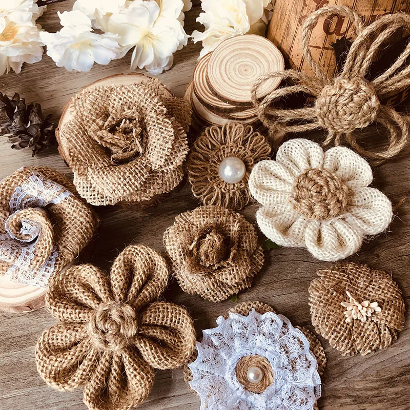 

Rustic Burlap Flowers, Shabby Chic Natural Hessian Fabric Flowers, Wedding Birthday Party Decoration, Hat Basket Embellishments