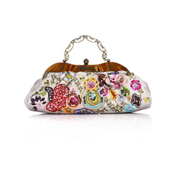 

Pure hand-beaded silk embroidered flowers Ethnic craftsmanship evening clutch bags shell shoulder bag bolsa feminina women bag