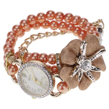 

Quartz watch women's fashion pearl bracelet flower lady alloy adjustable gloss