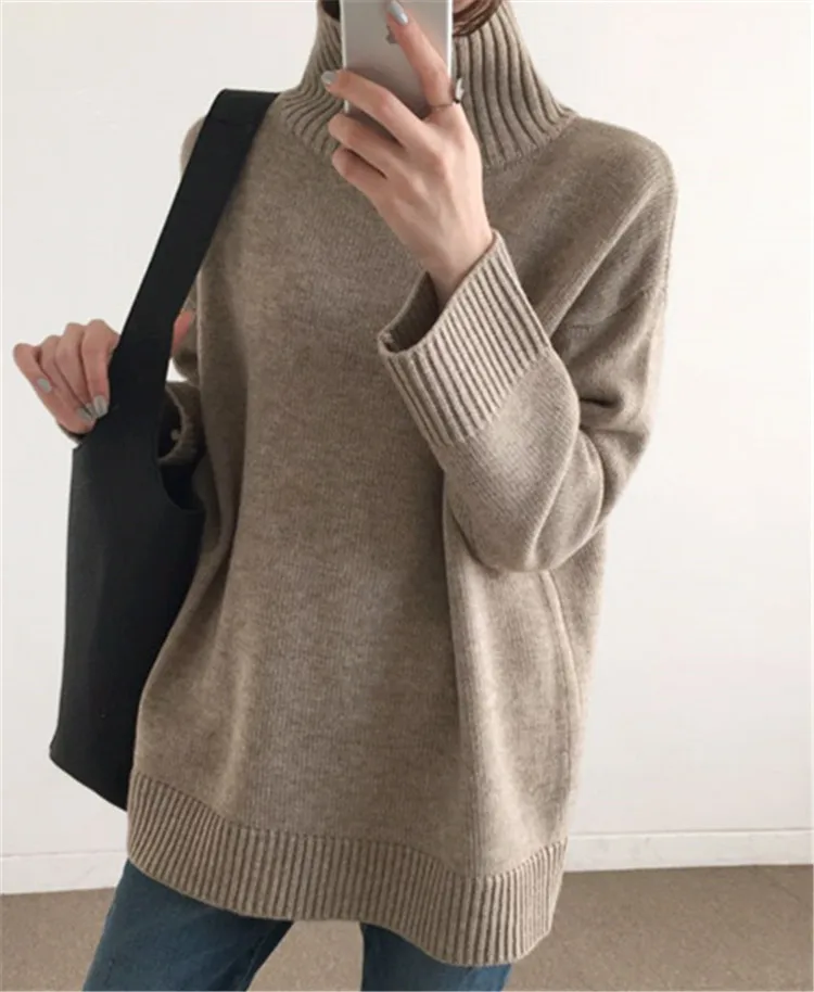 Новое поступление, козий кашемир, толстый однотонный вязаный женский корейский стиль, высокий воротник, длинный пуловер, свитер, белый, 2 цвета, один и более размер