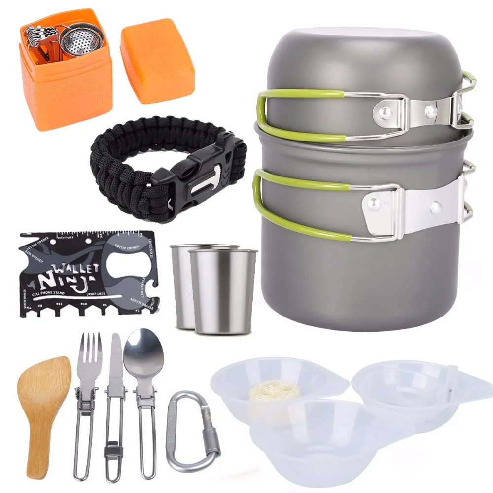 

17 Pcs Outdoor Camping Cookware Backpacking Cooking Picnic Knife Spoon Bowl Pot Pan Set Camping Cookware Mess Kit