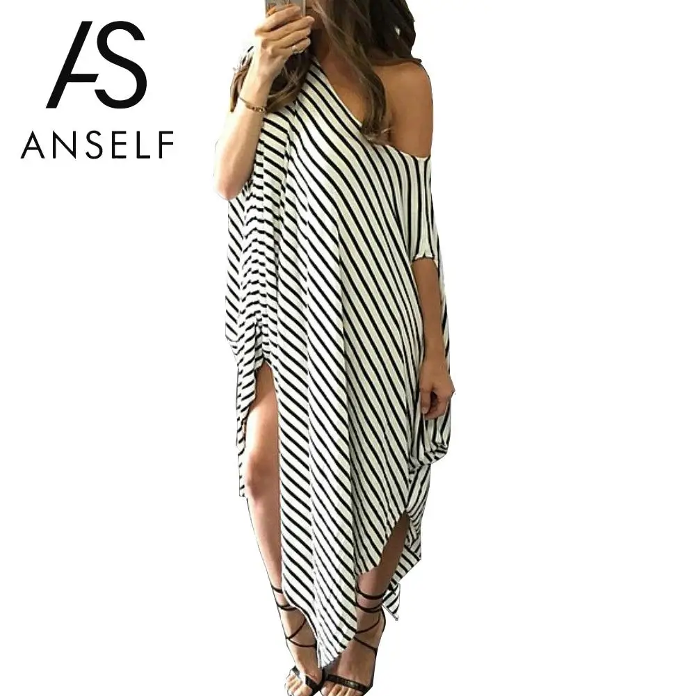 

Anself Women Loose Long Striped Dress Batwing Sleeve One Shoulder Split Asymmetric Oversized Dress Casual 5XL Plus Size Dress