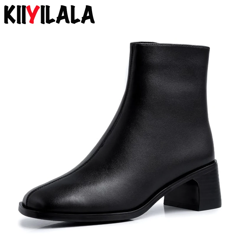 

Kiiyilala Square Toe Genuine Leather Chelsea Boots Zip Fashion Boots Autumn Winter Square Heel Shoes Women Platfom Ankle Boots