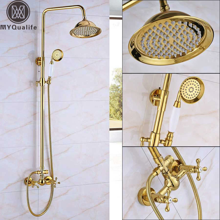 Золотой " дождевой Душ Misers настенный двойной ручкой с ручной душ смеситель для душа и ванной кран с регулируемой высотой