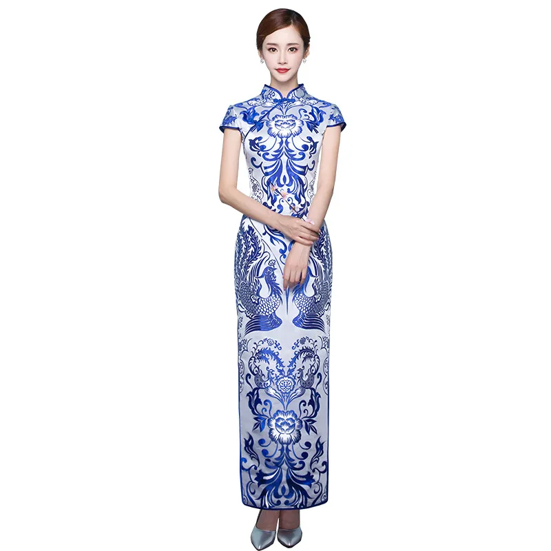 Высокое качество белый и синий Cheongsam Сексуальная Qipao для женщин традиционное китайское платье вечернее платье для вечеринки платья для