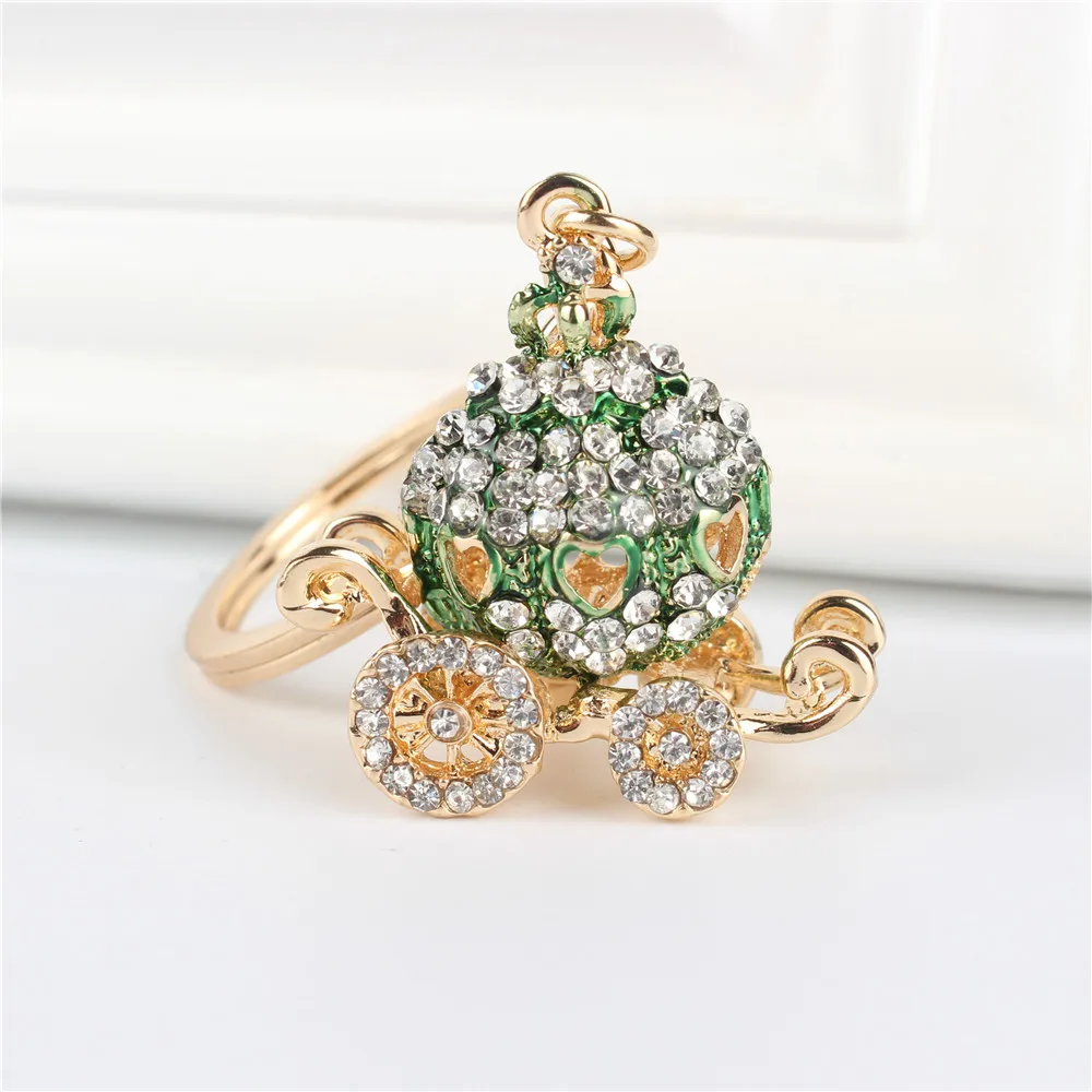 Green Pumpkin Carriage Pendant Charm Rhinestone Crystal Purse Bag Keyring Key Chain Accessories Wedding Party Lover