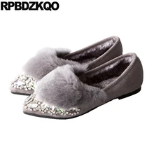 Зима кристалл горный хрусталь Китайский дам замша Китай кролик Остроконечные серый надевать женщин плоские Bling Bling мех Дамы красивые туфли красивая отправка капель последние Мода весенняя осень европейская