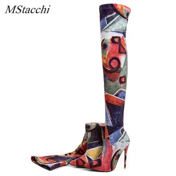 

Mstacchi 2018 Hot Selling Women Colorfur Stretch Boots Over The Knee Long Boots Pointed Toe Thin High Shoes Woman Fashion Shoes
