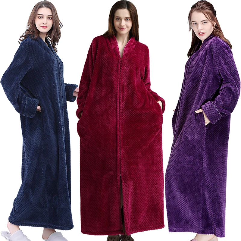 

Women Extra Long Plus Size Thick Warm Sleepshirts Men Winter Coral Fleece Zipper Nightgowns Pregnant Robe Flannel Night Dress