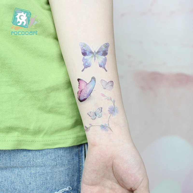 Rocooart акварельные бабочки Временные татуировки стикер водонепроницаемый женский поддельные татуировки мужчины дети боди-арт 3D тату