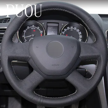 

Puou Black Leather DIY Hand-stitched Car Steering Wheel Cover for Skoda Yeti 2014 2015 2016 Free shipping