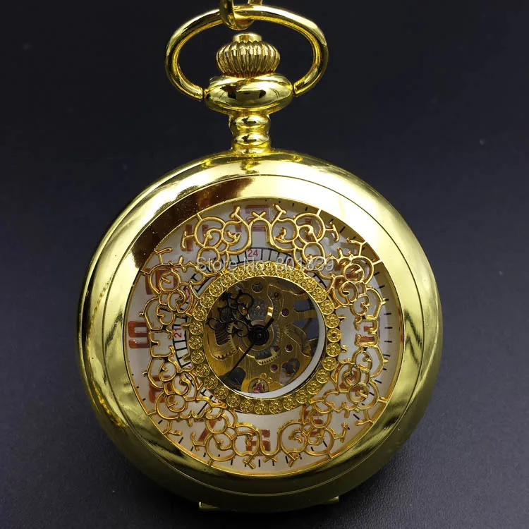 Golden Tone Engraved Wind Up Men's Mechanical Pocket Watch W/ Chain Xmas Gift Wholesale Price