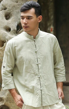 Летняя мужская рубашка в китайском народном стиле в стиле ретро из чистого льна, мужские рубашки, мужская рубашка - Цвет: Армейский зеленый
