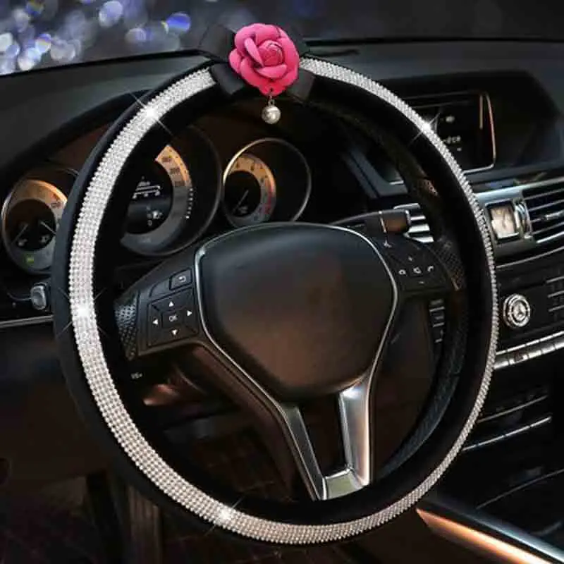 Крышка на руль Camellia Diamond, зимние плюшевые автомобильные аксессуары для руля с подогревом для женщин и девочек, хрустальные стразы, чехол на руль
