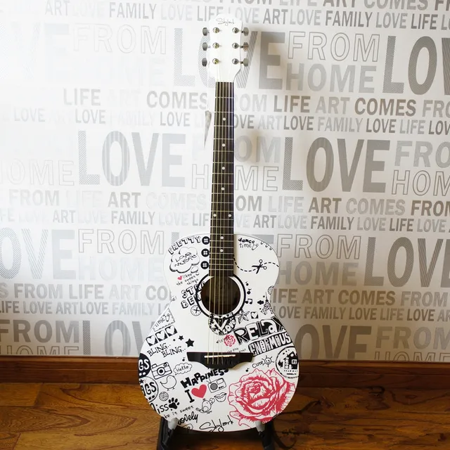 Best price at $185 Cheap 2016 NEW guitars White 40 inch high quality Acoustic Guitar guitarra Musical Instruments with guitar strings