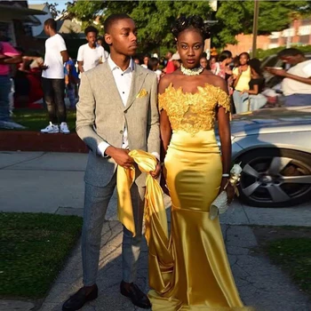 

2019 Gold Mermaid Evening Dress Off the Shoulder Appliques Court Train Long Prom Dresses Cheap Black Girl Prom Party Gowns