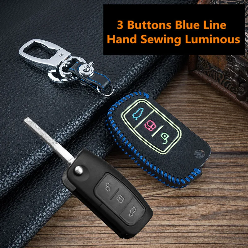 Luminous-Car-leather-key-case-key-chain-ring-cover-for-Ford-Focus-2-MK2-3-buttons