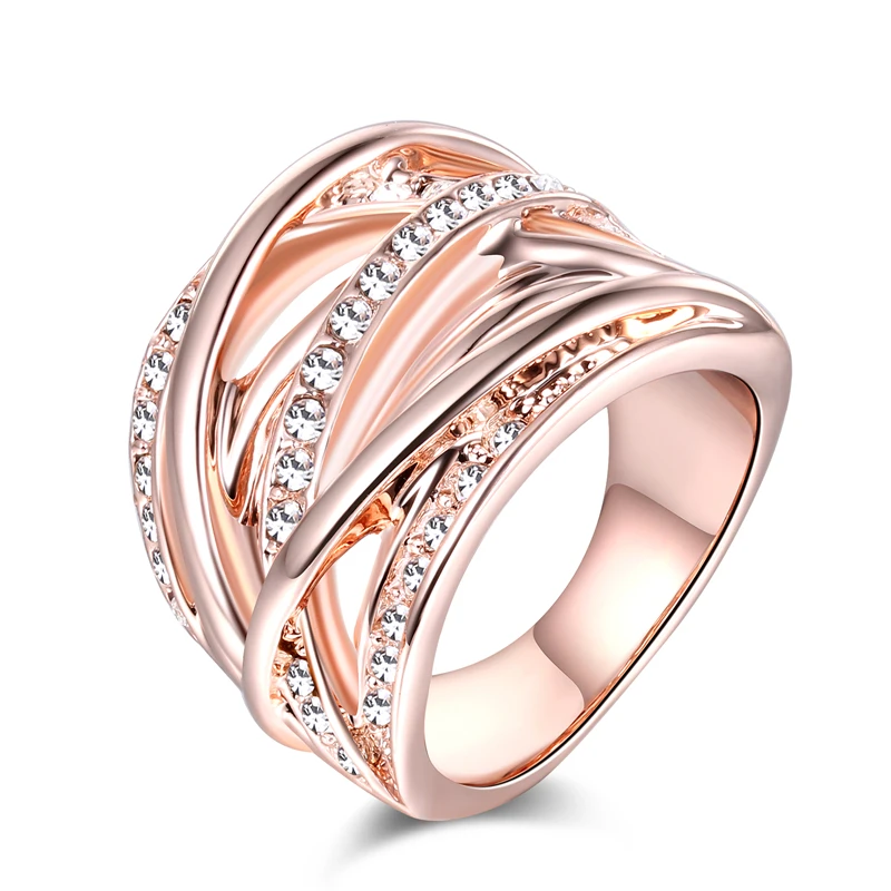 

ROXI ROMAD Brand Rose Gold Color Crossed Ring For Women Austrian Crystal Wide Ring Luxury Wedding Bridal Jewelry Party Gift