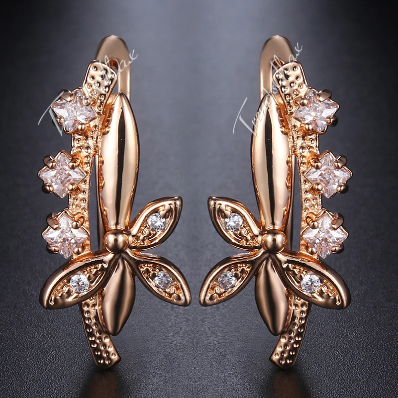 585 Rose Gold Filled Earrings For Women Flower Shaped Paved Clear Cubic