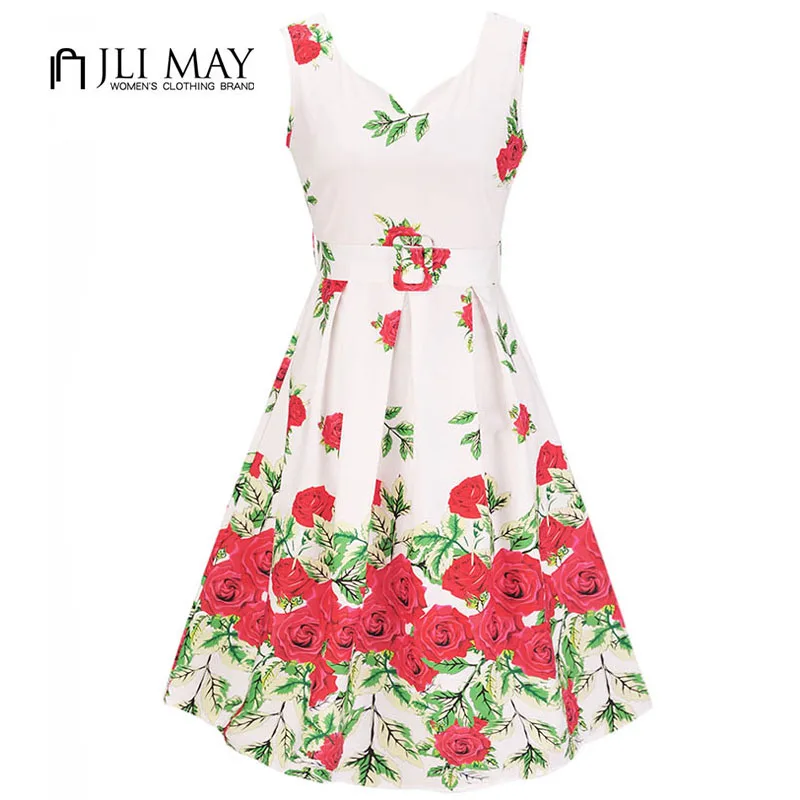 Jli may лето винтаж печати dress женщины элегантный партия цветочные поясом fit flare v