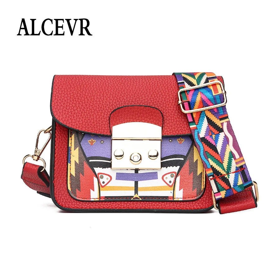 

ALCEVR Creative Printing Pu Leather Crossbody Bags For Women Colorful Wide Strap Shoulder Bag All-Match Fashion Ladies Flap