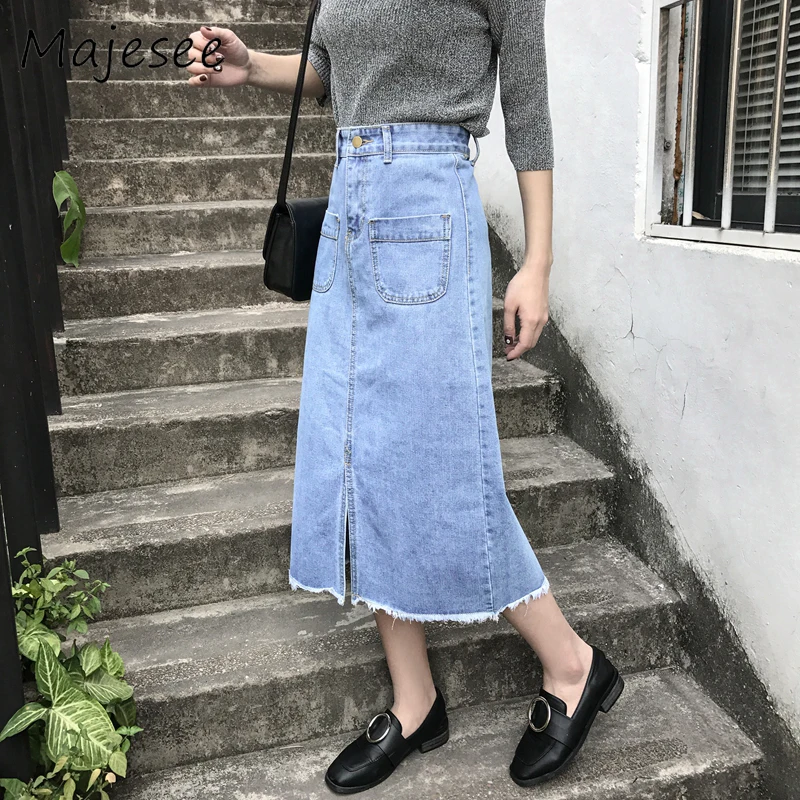 Denim Korean Style High Waist Elegant Midi Skirt Casual A line Skirts