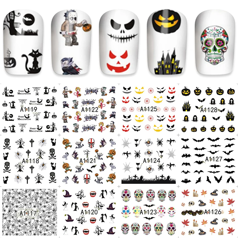 

YZWLE 12 Sheet Skull Cat Maple Bat Multi Pattern Art Nail Sticker Transfer Sticker A1117-1128