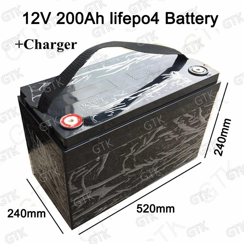 

GTK Waterproof Lifepo4 12V 200AH real capacity 12.6v battery for 2000W inverter Forklift Deep cycle Long LiFe +10A Charger