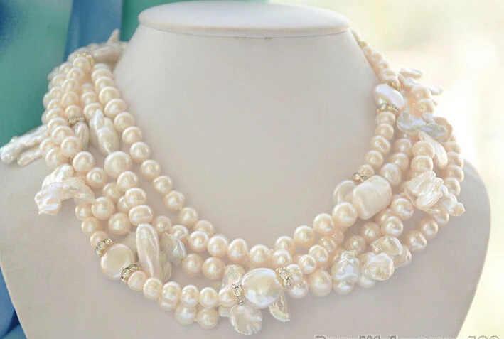 

>>>>>z6263 5strands NATURE white baroque round coin lamina fw pearl necklace 18inch